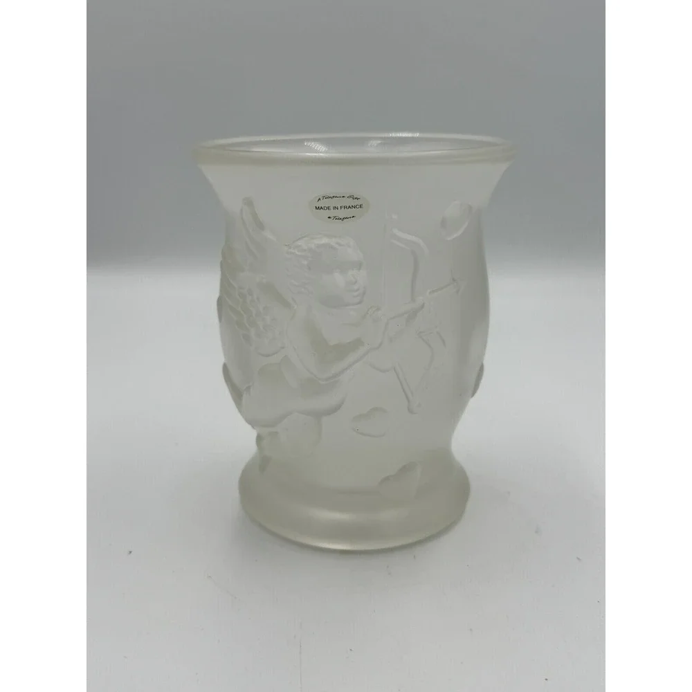 Teleflora 3D Cherub Cupid Hearts Angel Frosted Vase Vintage Made In France 5.5